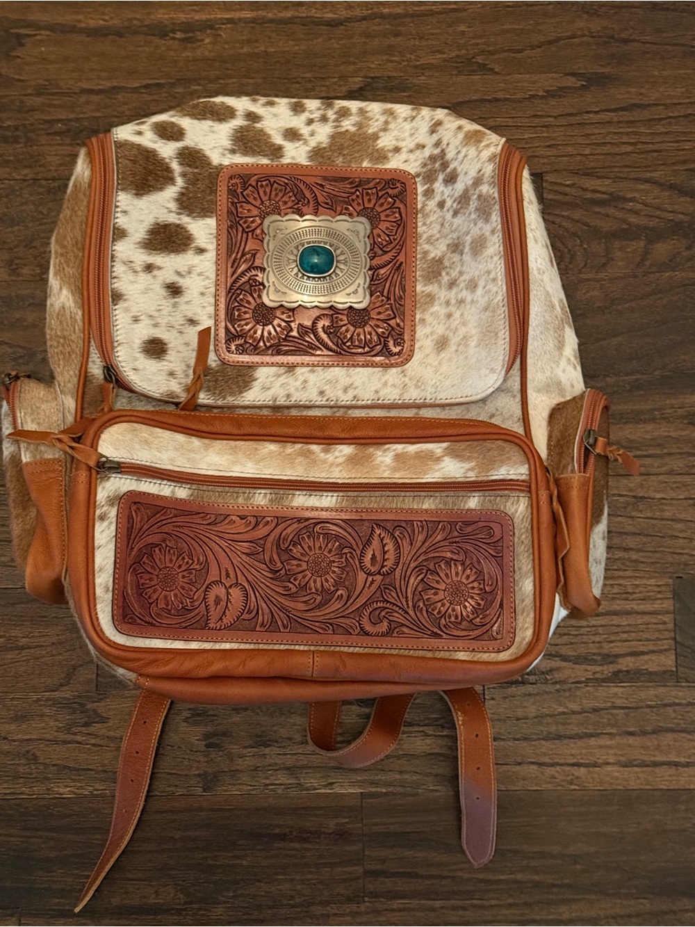 Leather Tooled Cowhide Backpack with Turquoise Accent - Brown & White